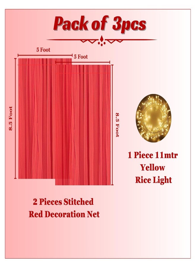 1iAM 3pcs Red Decoration Net Light Combo - 2pcs Large, Stitched with Ribbon, Nylon Made, Reusable, Soft, Wrinkled Free, 8.5x5ft Each, Backdrop Net Curtains & 1pc 11m Long Rice Light for Party - Image 2